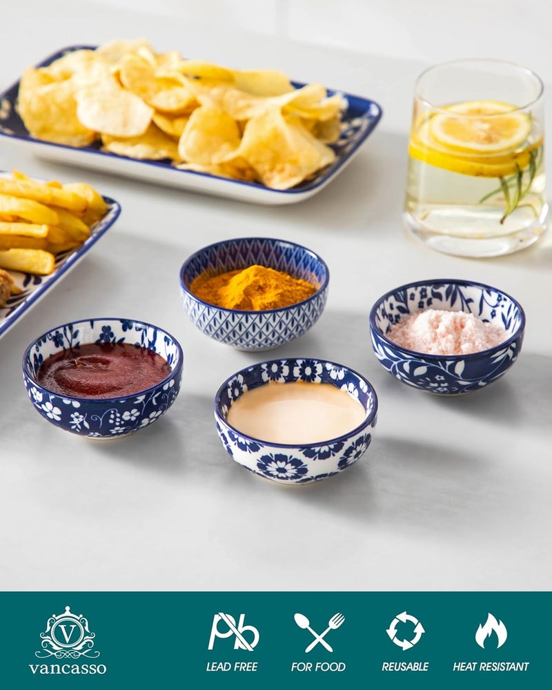 vancasso SELENE Ceramic 2.7 Oz Mini Dipping Bowls Set of 6, 3 Inch Small Dip Bowls for Sauce, Soy Sauce, Sushi, Condiments & Side Dishes, Microwave & Dishwasher Safe, Vintage Blue - Image 4
